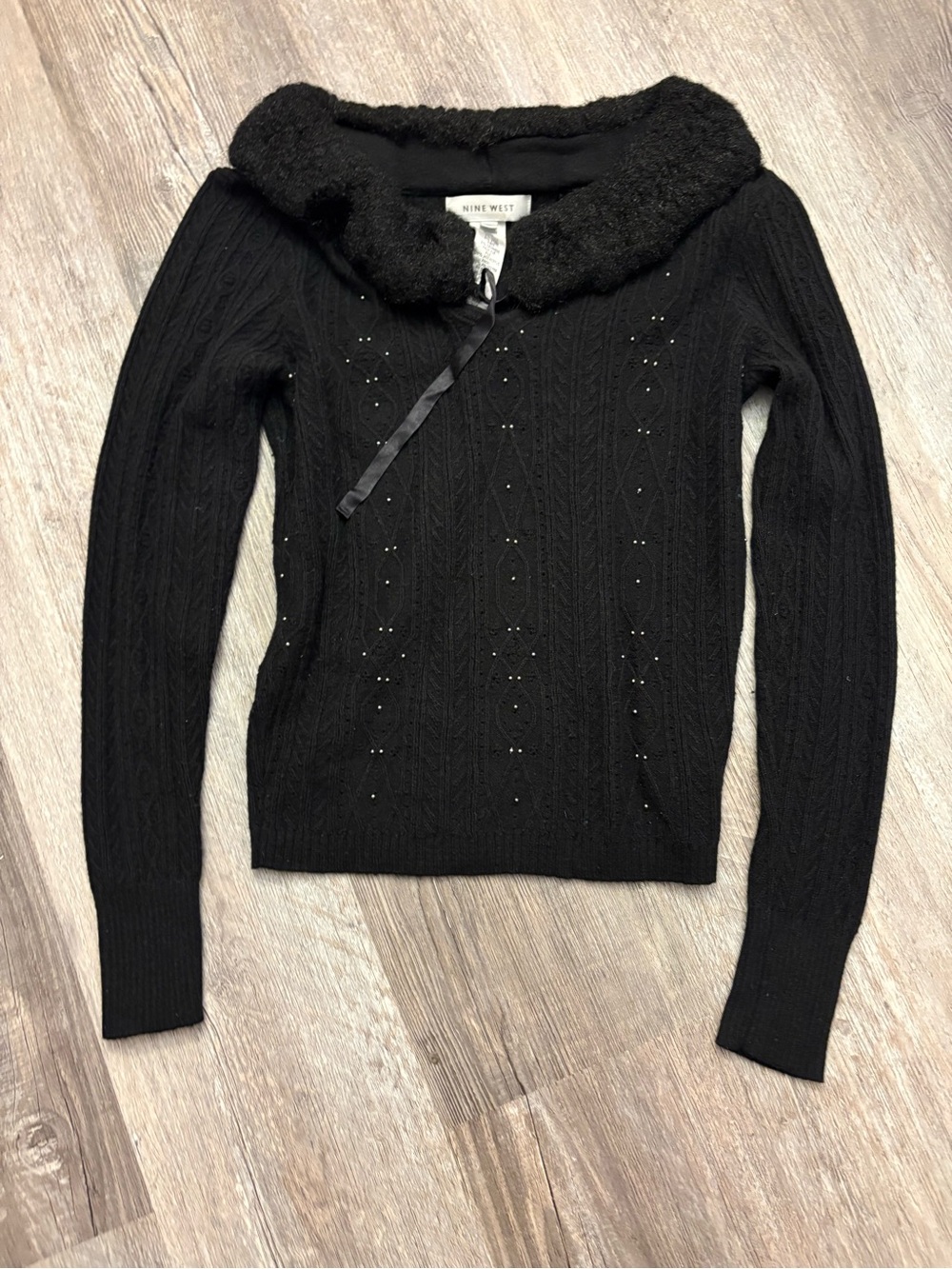 Nine West Black Off-the-Shoulder Cable Knit Sweater with Faux-Fur Trim